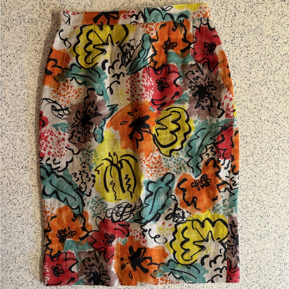 Vtg. 80s Emmanuelle Khanh Paris 100% Linen Flax colorful midi skirt.Size 4